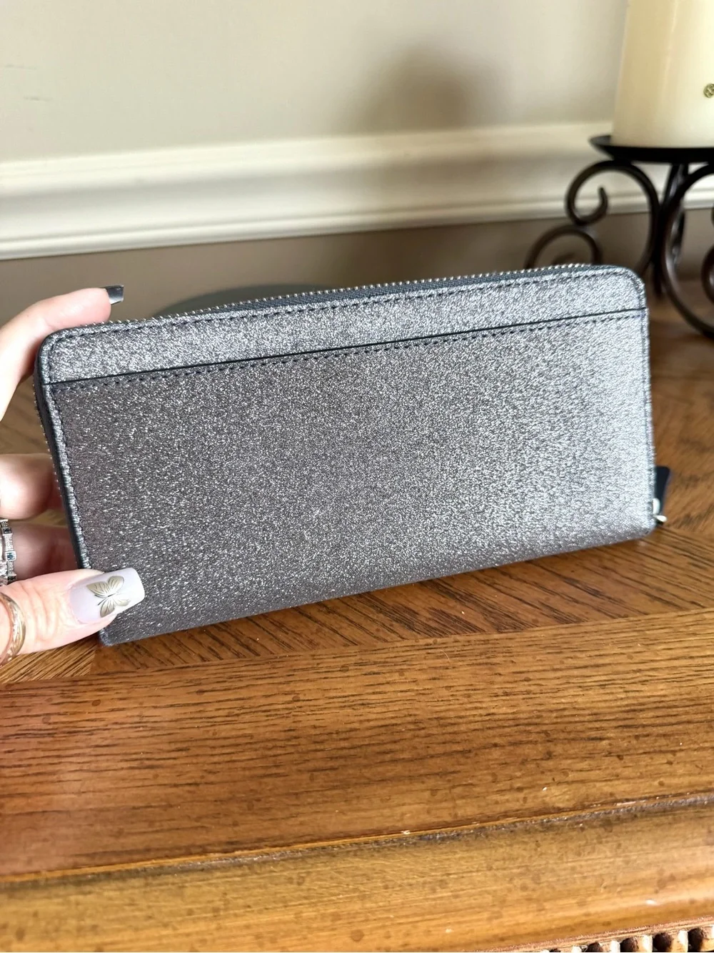kate spade Lola Dusk Navy Glitter Zip Wallet with silver undertones like new